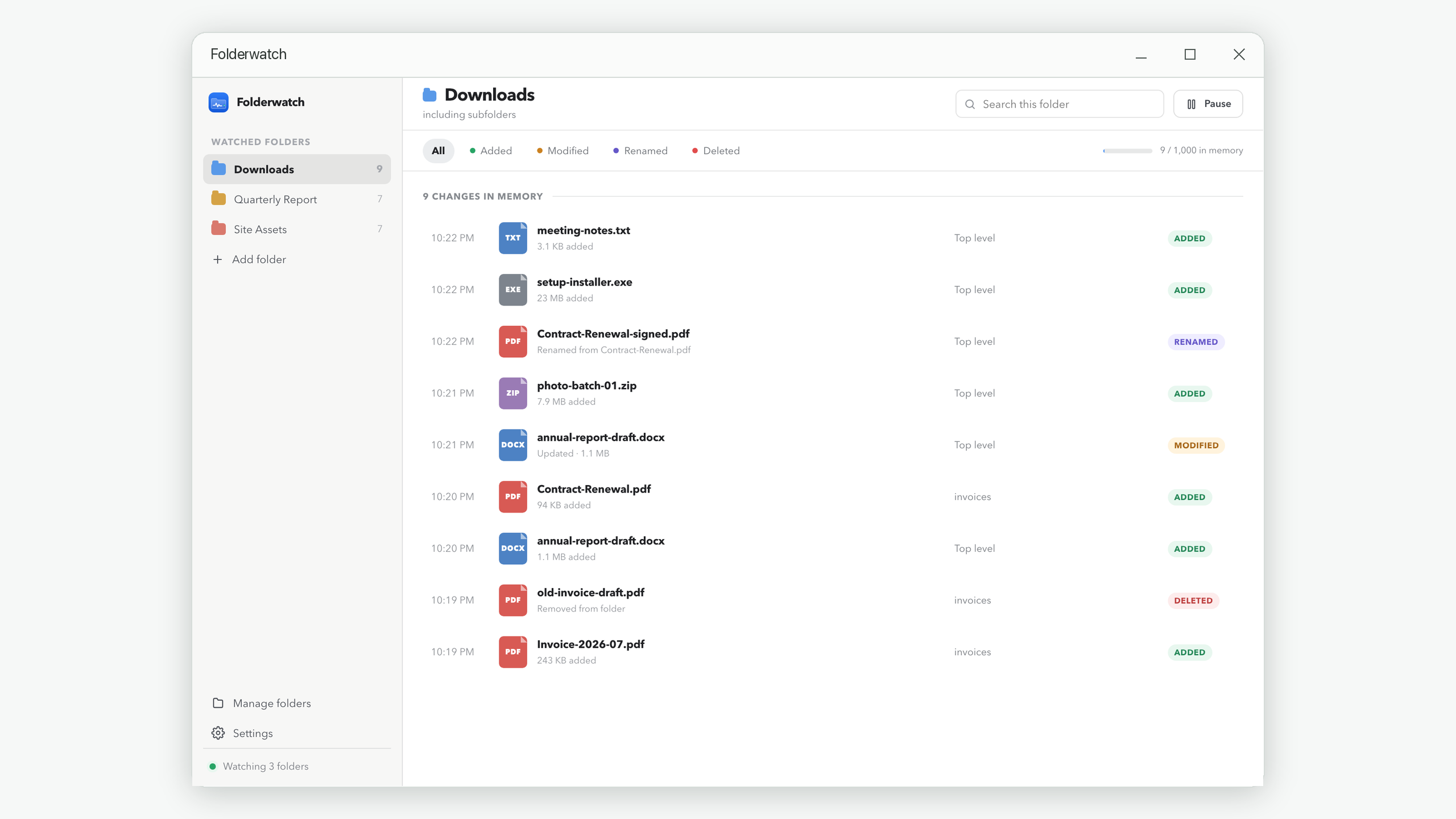 Folderwatch showing a live Downloads folder timeline with added, modified, renamed, and deleted files