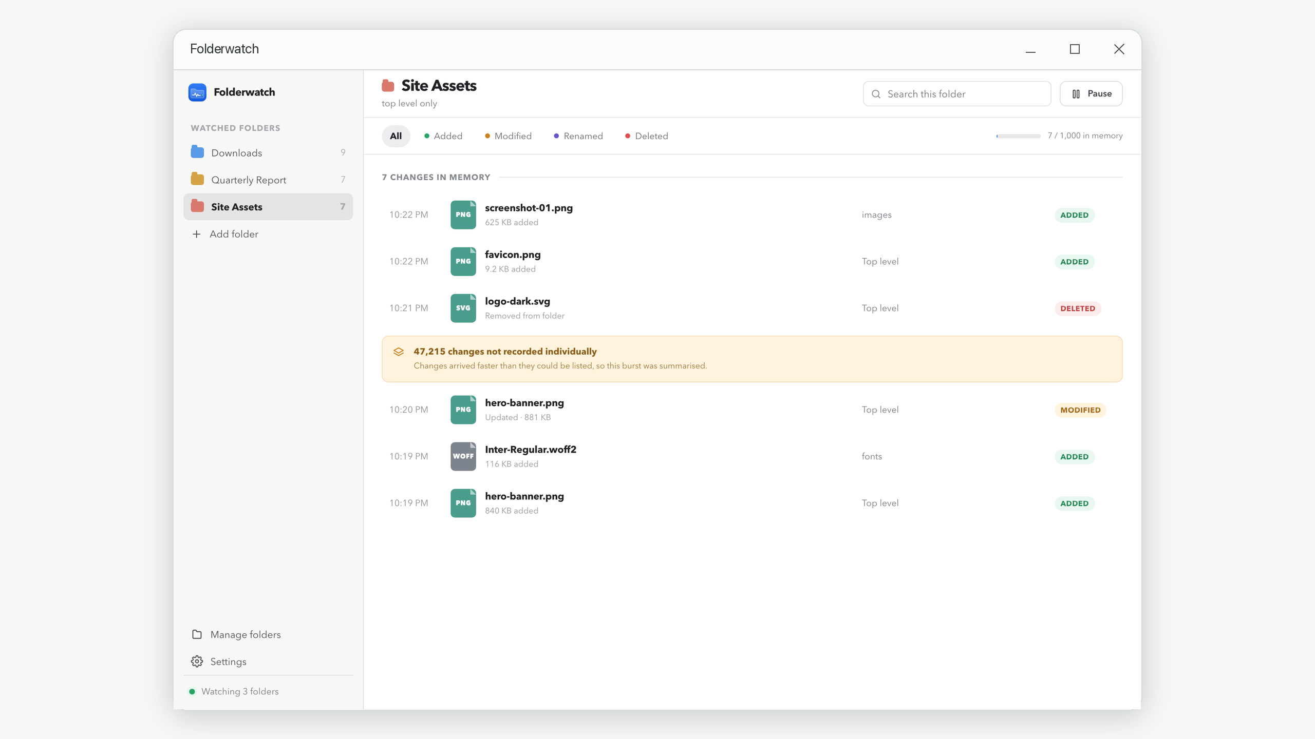 Folderwatch interface showing separate activity timelines for multiple watched folders
