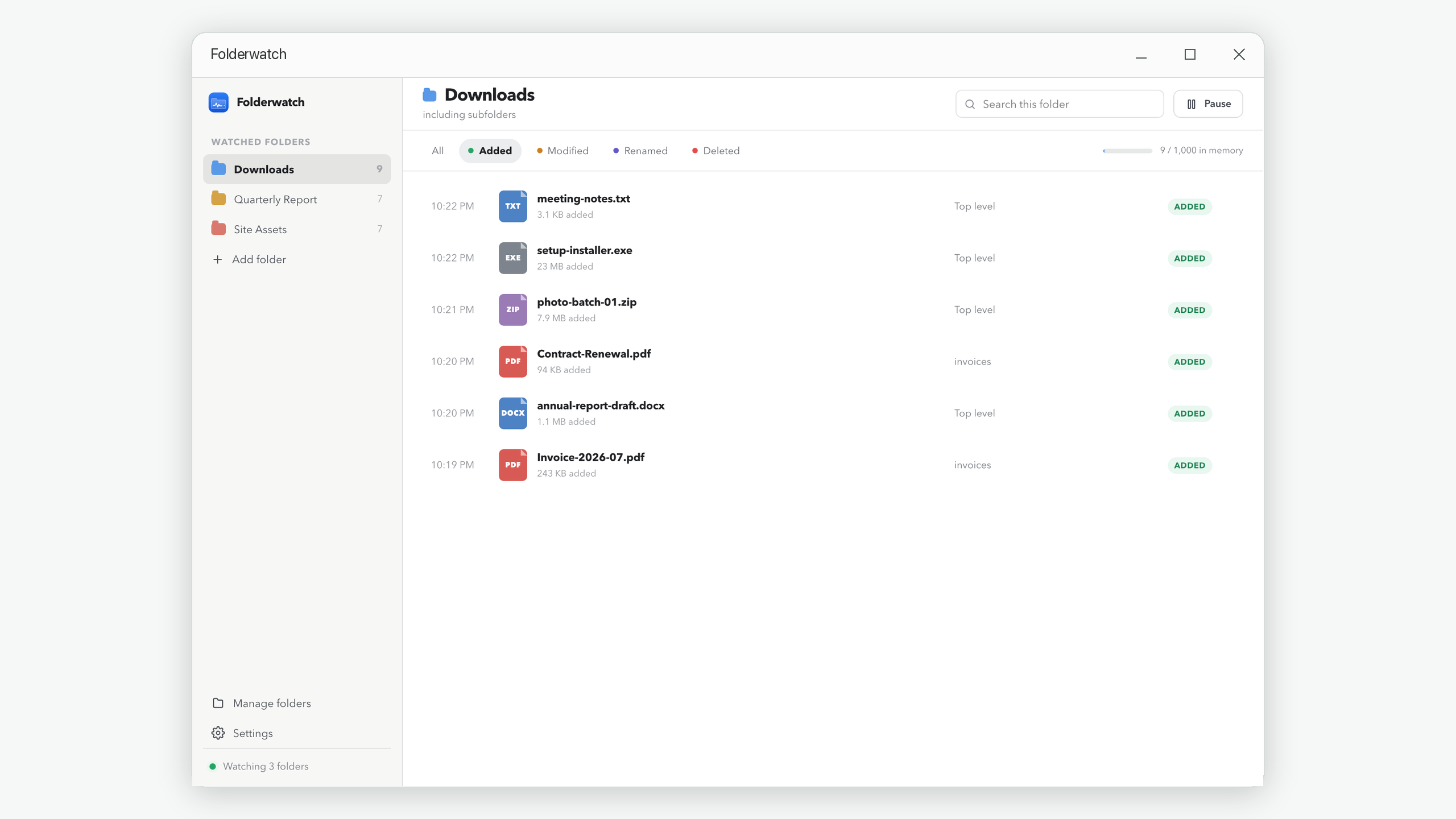 Folderwatch timeline filtered to modified file events